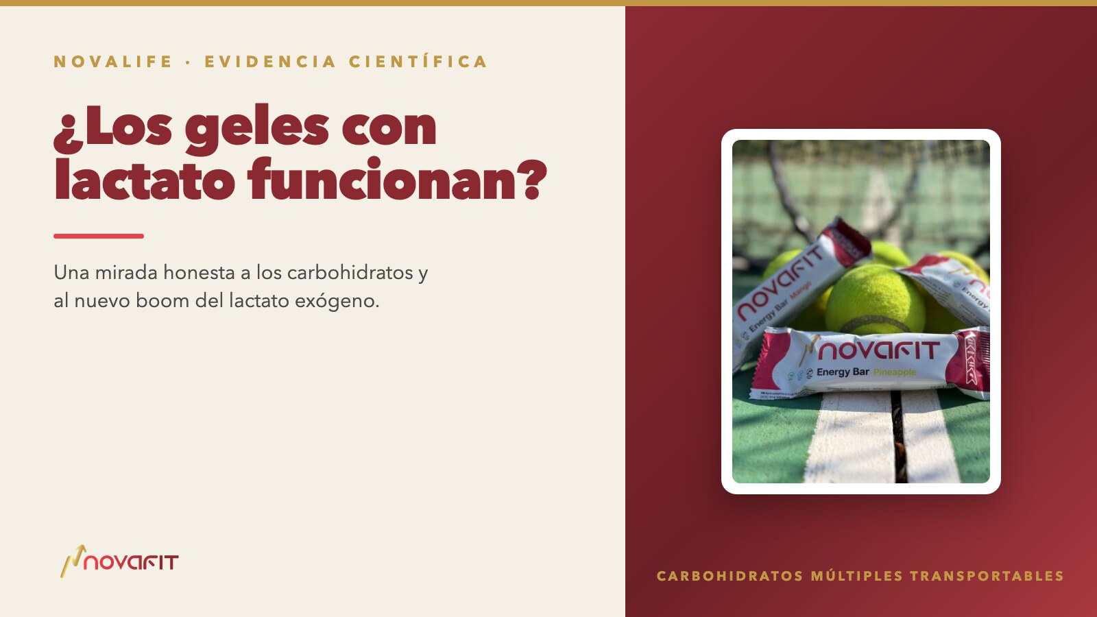 Portada del artículo "¿Los geles con lactato funcionan?" junto a barritas energéticas NovaFit en una pista de pádel
