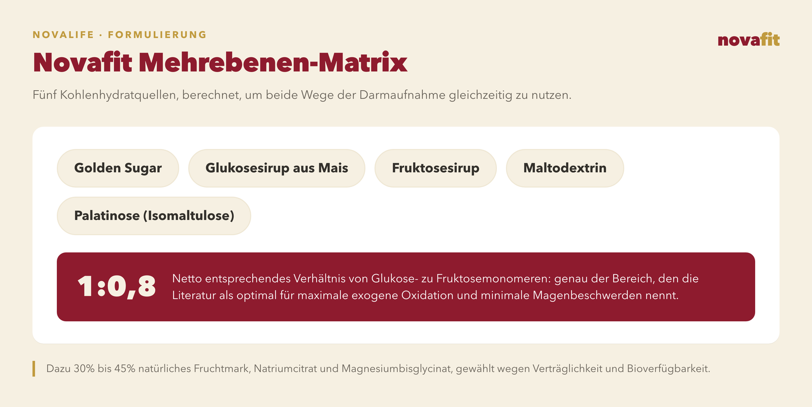 Mehrstufige Novafit-Matrix: fünf Kohlenhydratquellen — Golden Sugar, Maisglukosesirup, Fruktosesirup, Maltodextrin und Palatinose (Isomaltulose)