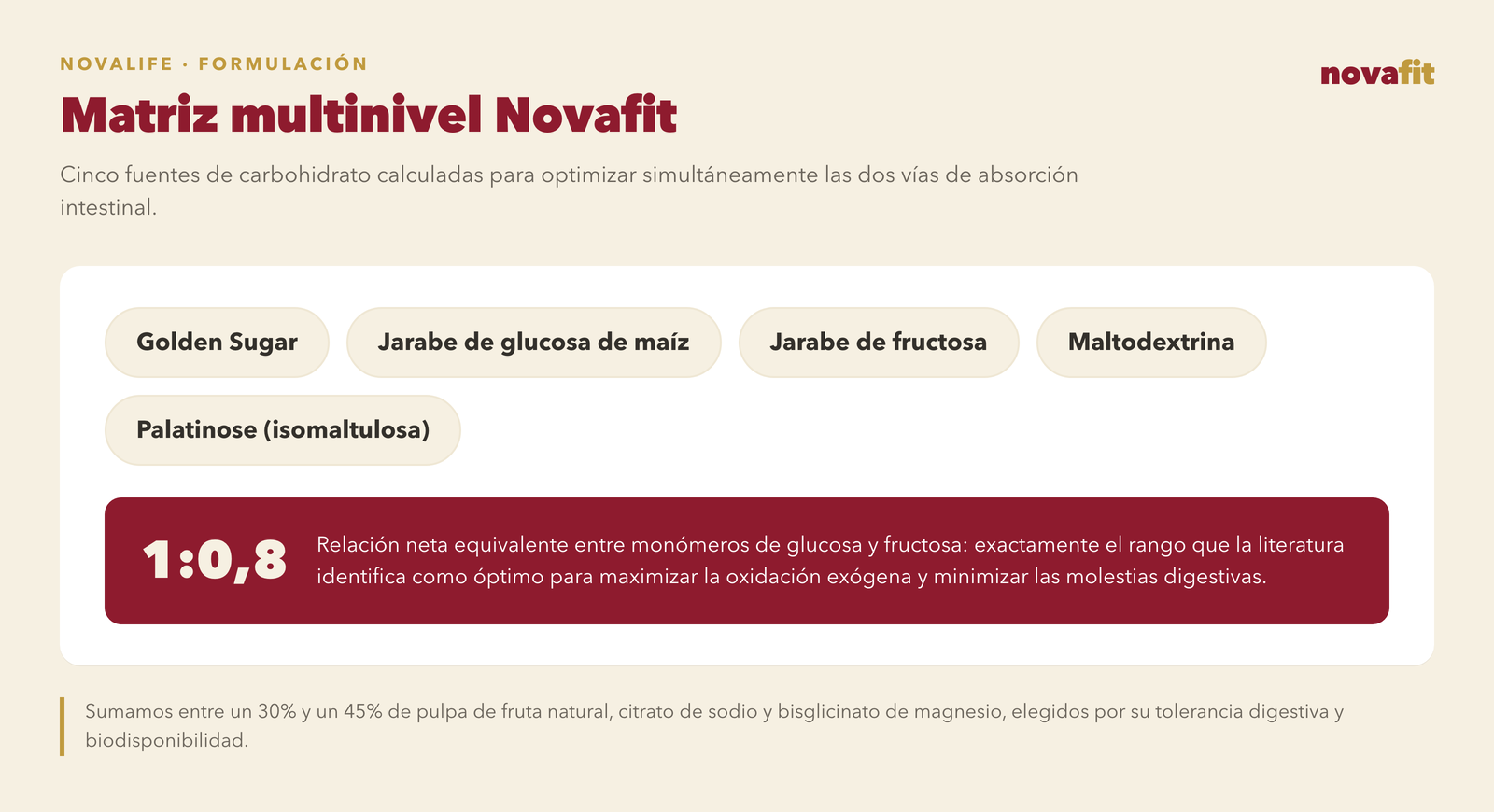 Matriz multinivel Novafit: cinco fuentes de carbohidrato — Golden Sugar, jarabe de glucosa de maíz, jarabe de fructosa, maltodextrina y Palatinose (isomaltulosa)