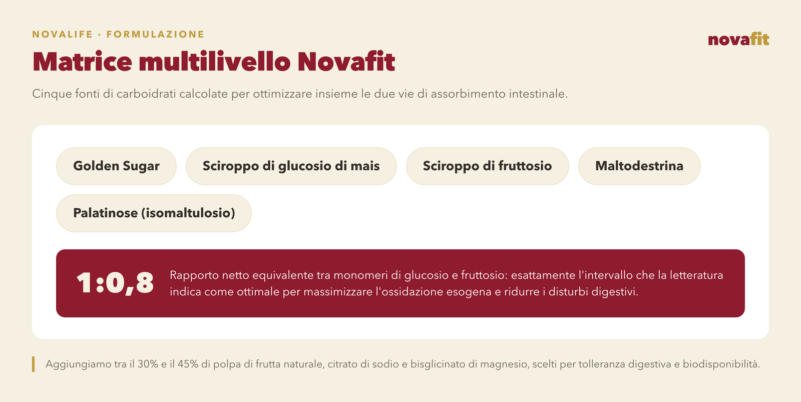Matrice multilivello Novafit: cinque fonti di carboidrati — Golden Sugar, sciroppo di glucosio di mais, sciroppo di fruttosio, maltodestrina e Palatinose (isomaltulosio)
