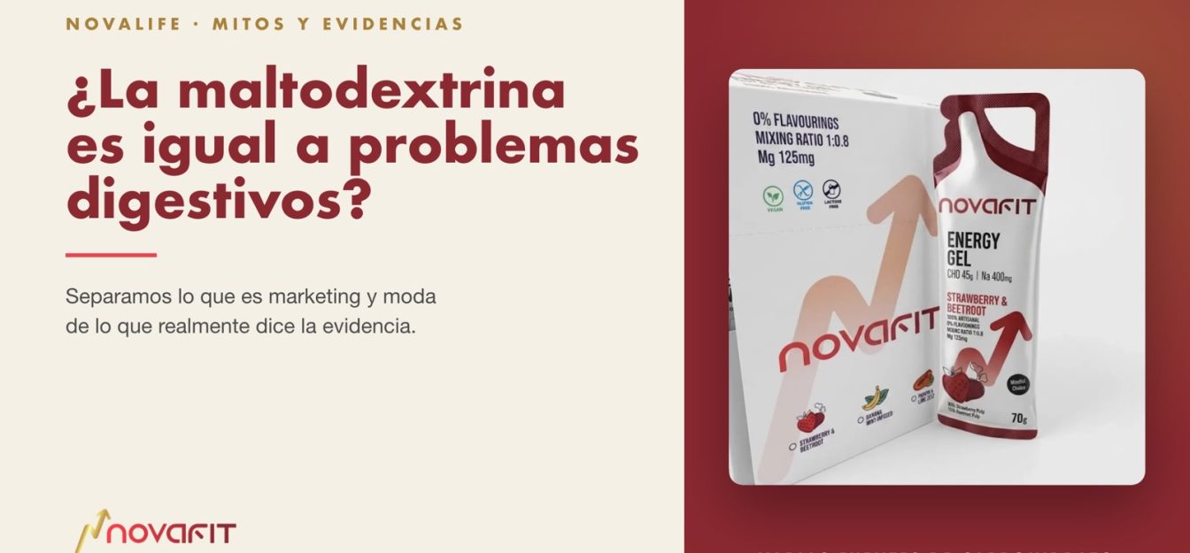Portada del artículo "¿La maltodextrina es igual a problemas digestivos? Mitos y evidencias" junto a un gel energético NovaFit de fresa y remolacha