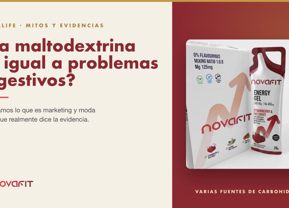Portada del artículo "¿La maltodextrina es igual a problemas digestivos? Mitos y evidencias" junto a un gel energético NovaFit de fresa y remolacha