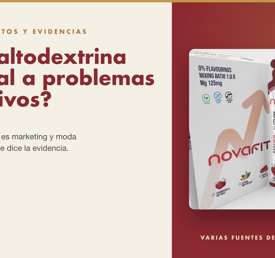 Portada del artículo "¿La maltodextrina es igual a problemas digestivos? Mitos y evidencias" junto a un gel energético NovaFit de fresa y remolacha