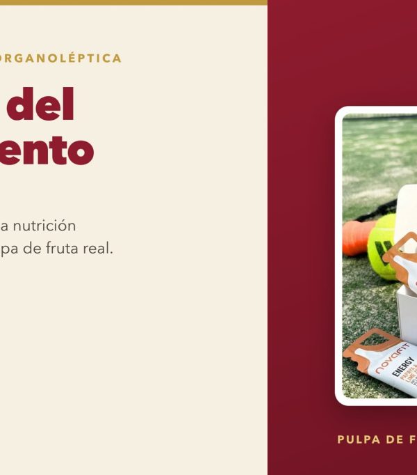Portada del artículo "El sabor del rendimiento" junto a una caja de geles energéticos NovaFit de fresa y remolacha, papaya con lima y plátano con menta en una pista de pádel