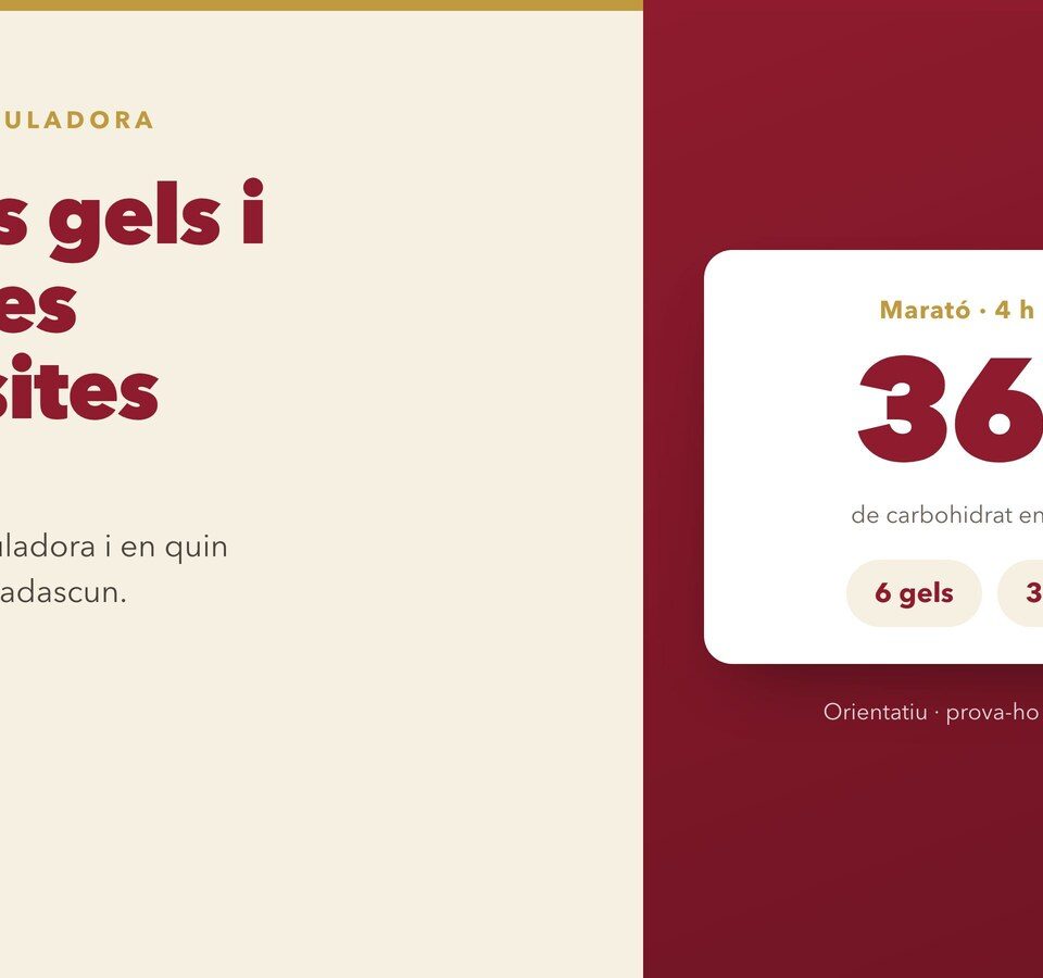 Portada de l'article: la calculadora NOVAFIT resolent una marató de 4 h a 90 g/hora en 360 g de carbohidrat, repartits en 6 gels i 3 barretes