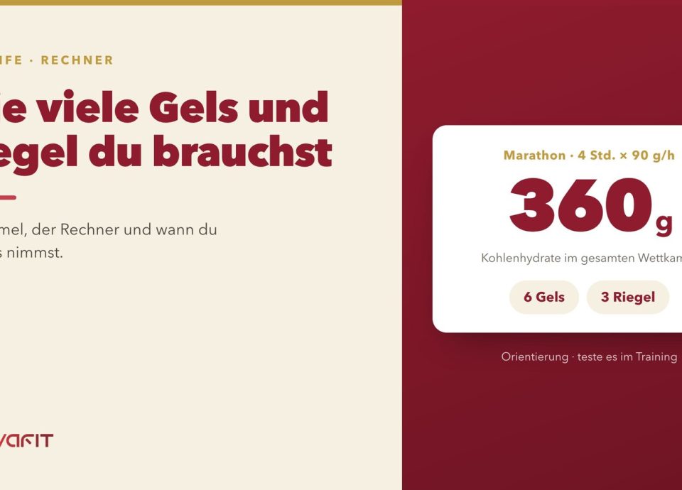 Artikelcover: der NOVAFIT-Rechner löst einen Marathon von 4 Std. bei 90 g/Stunde als 360 g Kohlenhydrate auf, aufgeteilt in 6 Gels und 3 Riegel