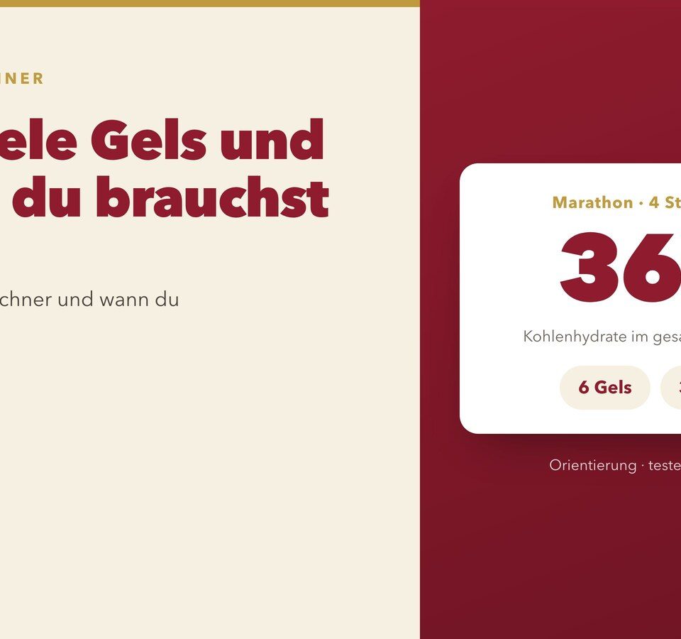Artikelcover: der NOVAFIT-Rechner löst einen Marathon von 4 Std. bei 90 g/Stunde als 360 g Kohlenhydrate auf, aufgeteilt in 6 Gels und 3 Riegel