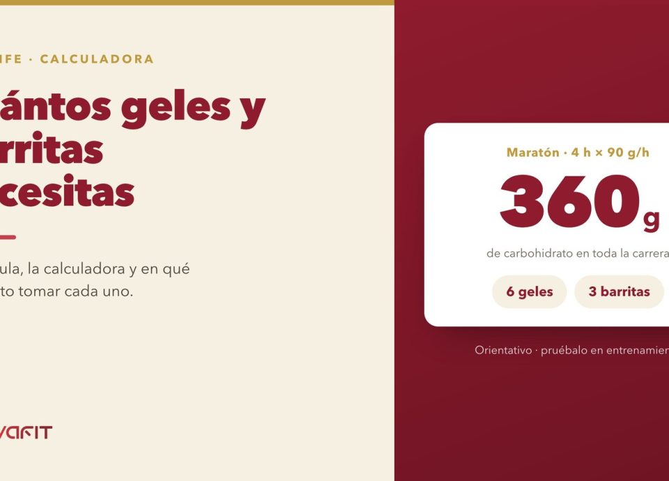 Portada del artículo: la calculadora NOVAFIT resolviendo un maratón de 4 h a 90 g/hora en 360 g de carbohidrato, repartidos en 6 geles y 3 barritas