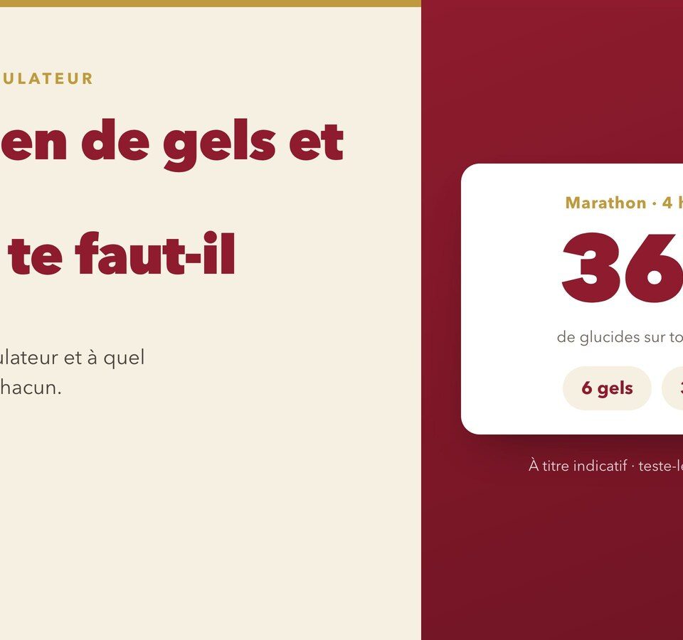 Couverture de l'article : le calculateur NOVAFIT résolvant un marathon de 4 h à 90 g/heure en 360 g de glucides, répartis en 6 gels et 3 barres