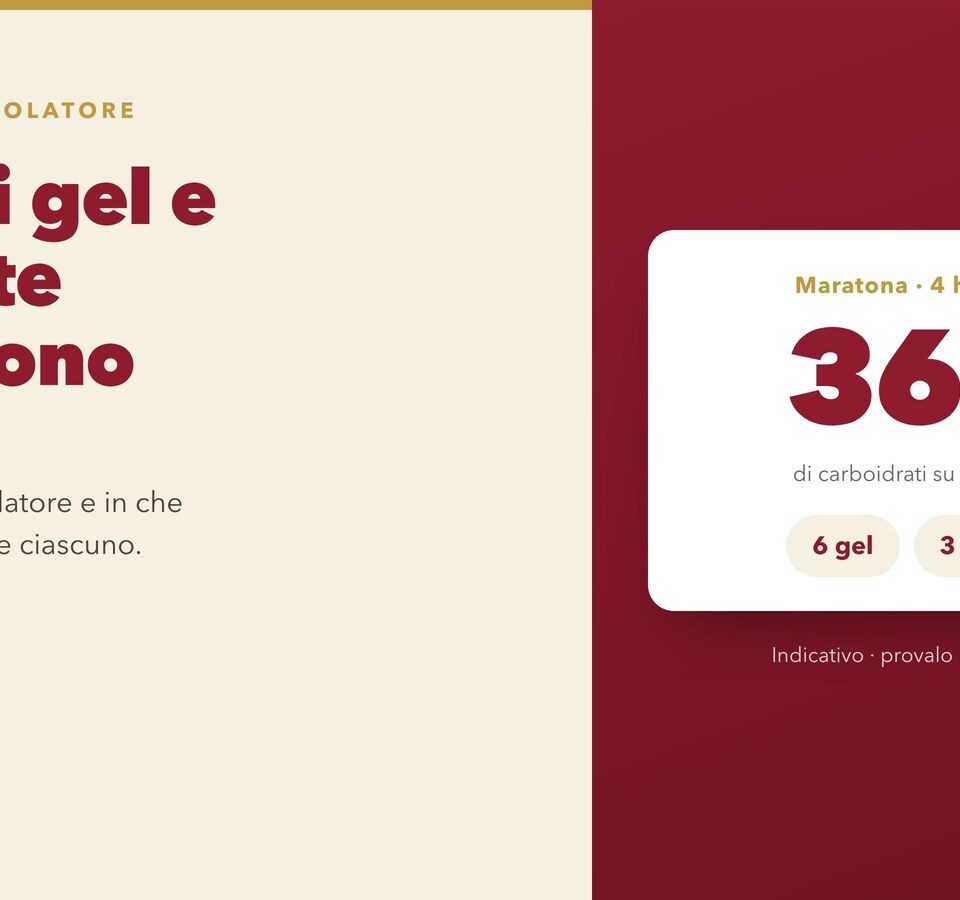 Copertina dell'articolo: il calcolatore NOVAFIT che risolve una maratona di 4 h a 90 g/ora in 360 g di carboidrati, divisi in 6 gel e 3 barrette