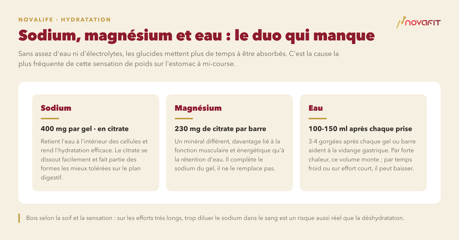 Sodium, magnésium et eau : le duo qui manque — Sodium: 400 mg par gel · en citrate; Magnésium: 230 mg de citrate par barre; Eau: 100-150 ml après chaque prise